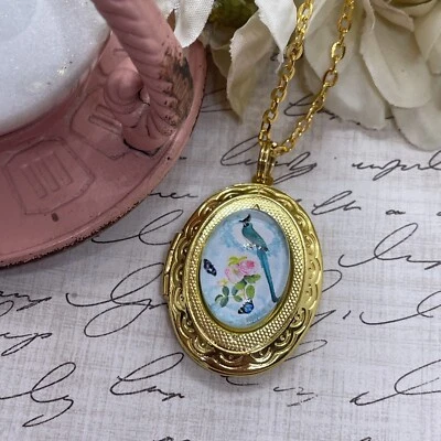 Collar Medallón Mariposa Azul Jay Pájaro Dorado Pascua Colgante Boda Día de la Madre Foto 1 de 4