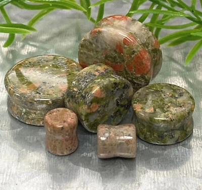 PAIR Unakite Stone Plugs Gauges Organic Earlets Tunnels Body Jewelry - Image 1 of 4