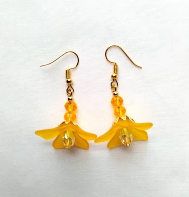 Faceted Crystal Bead Yellow Lucite Flower Earrings Handmade Gold Tone Hook Boho - Image 1 of 4