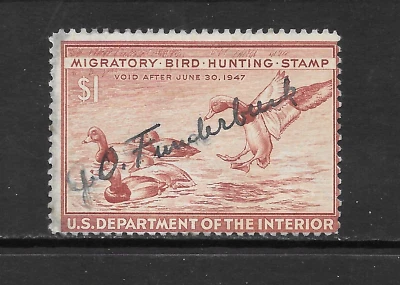 U.S. SCOTT RW13 USED FINE - 1946 $1 RED BROWN ISSUE -  FEDERAL DUCK STAMP - Image 1 of 2