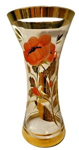 Vintage MCM Glass Vase, Red Flowers and Gold Band and Leaf Pattern 10'' - Picture 1 of 11