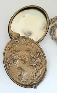 Antiguo Colgante Espejo Deslizable Art Nouveau Mujer Perfil Escena Naturaleza - Imagen 1 de 10