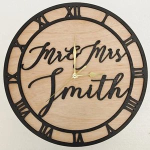 black personalised laser cut wood wooden wall clock door name word number letter - Picture 1 of 9