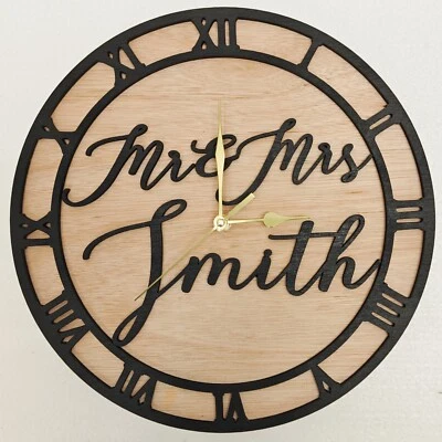 black personalised laser cut wood wooden wall clock door name word number letter - Image 1 of 4