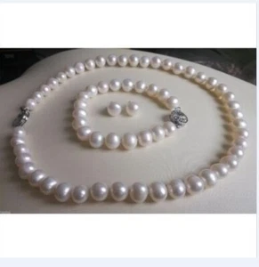 HOT AAAA 9-10MM AKOYA WHITE PEARL NECKLACE BRACELET EARRING SET 925s - Picture 1 of 4