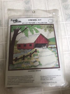 Vintage Family Circle Crewel Kit D302 Covered Bridge 14"x14" New and Sealed - Picture 1 of 4