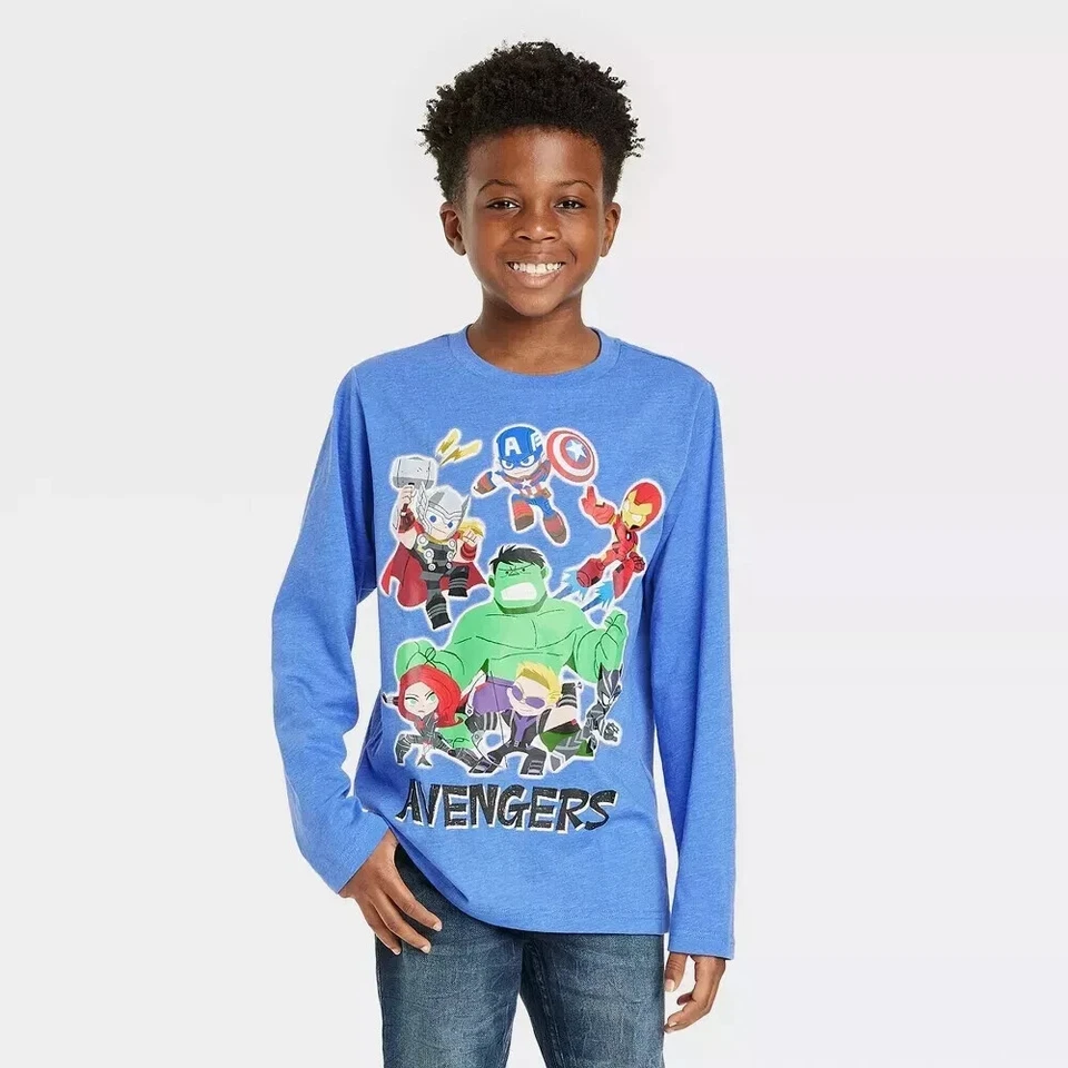 Boys' Marvel Avengers Long Sleeve Graphic T-Shirt Blue Size Large - Image 1 of 1