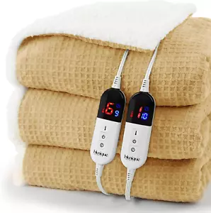 Heated Blanket Electric Blanket King Waffle, 90X100 Inches Dual Controllers Sher - Picture 1 of 9