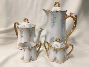 (4 Piece) 1984 Handpainted France(?) CHOCOLATE/TEA SET with Soft Blue - Picture 1 of 12