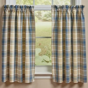 1 pair Stone Hollow Blue Tan Plaid Country Home Unlined Cafe Tiers 72" x 36" - Picture 1 of 3