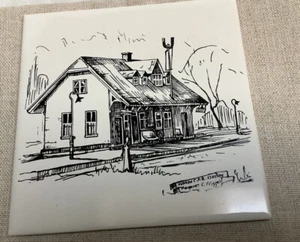 Tile Trivet Cork Back Hanging Hudson C.P.R Station Quebec M. Frizzell 6” 1970’s - Picture 1 of 3