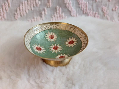 Vintage Solid Brass Made in India Enamel Pedestal Plate/Bowl Floral Small - Image 1 of 4