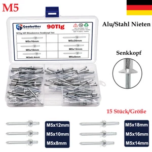 90Tlg M5 Blindnieten Senkkopf Set Alu/Stahl Nieten Popnieten Sortiment Karton - Bild 1 von 14