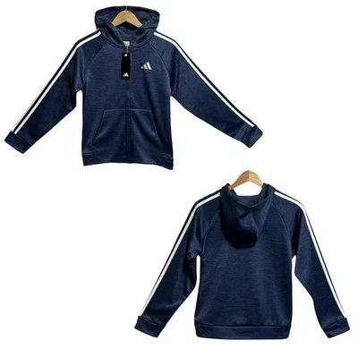 Adidas Boys Full Zip Fleece Hooded Track Jacket Sz L (14-16) Navy Blue 3-Stripe - Image 1 of 4