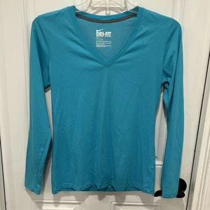 Nike Womens Dri Fit Slim Fit Long Sleeve V-Neck Aqua Blue Athletic T-Shirt - Picture 1 of 5