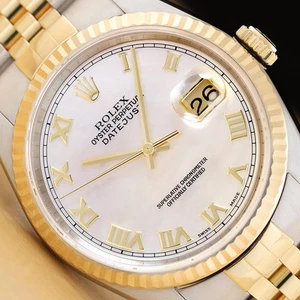 ROLEX MENS DATEJUST 16233 MOTHER OF PEARL ROMAN DIAL 18K GOLD STEEL 2-TONE WATCH - Picture 1 of 8