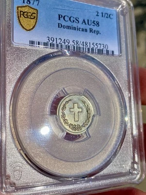 Dominican Republic, 1877  2 1/2 Centavos - CROSS - PCGS AU-58 - Image 1 of 4