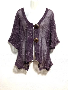 Keren Hart Open Weave Artsy Buttons Top Cardigan Y2K Purple Open Knit Crochet XL - Picture 1 of 11