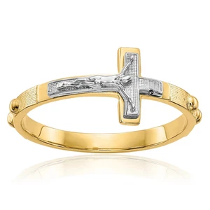 10K Solid Two Tone Gold Jesus Crucifix Cross Rosary Bead Ring - Picture 1 of 90
