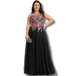 JJs House Damengröße 6 A-Linie U-Ausschnitt Illusion langes Tüll Spitzenkleid schwarz neu mit Etikett - Bild 1 von 11