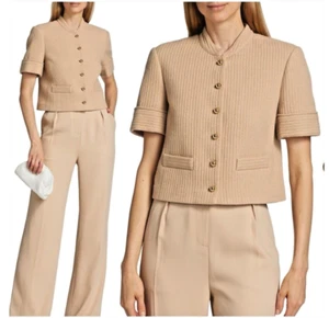 Derek Lam 10 Crosby Kurzarm Baumwollmischung Tweed Sakko Blazer Khaki Gr. M - Bild 1 von 7
