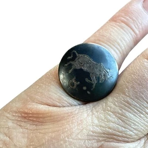 Vintage Taurus Sterling Zodiac Sign Ring Black Brass Engraved Bull Astrology Jew - Picture 1 of 13