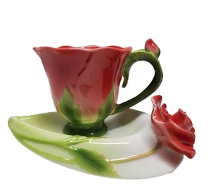 Beddinginn Red Pink Roses Green Foliage Tea Cup and Heart Saucer Valentines - Picture 1 of 10