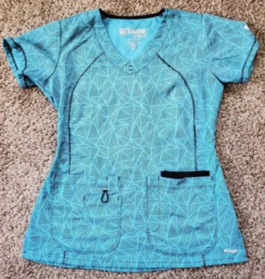 Grey’s Anatomy by Barco XS Active Scrub Top Geometric Teal Aqua style  #41442 - Image 1 of 4