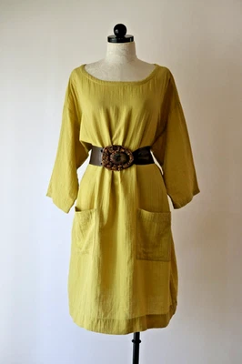 Vestido feminino Eileen Fisher tecido mostarda algodão orgânico textura gaze gola barco GG - Imagem 1 de 4