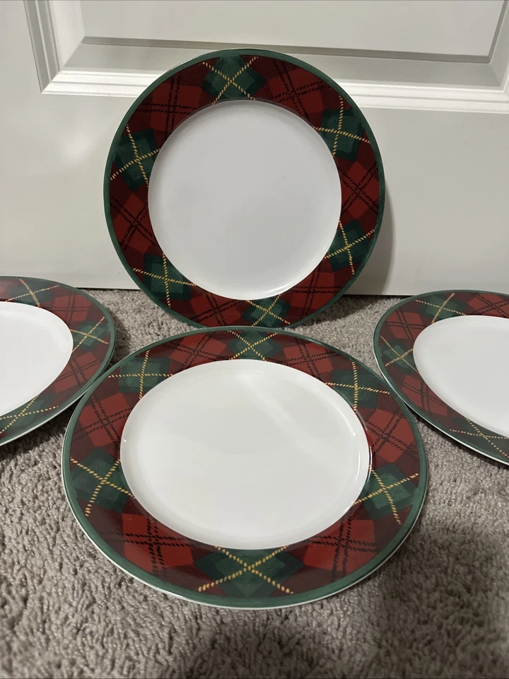 4 винтажных обеденных тарелки 1995 Block Gear Father Christmas в клетку обод 10,5 дюйма - Изображение 1 из 4