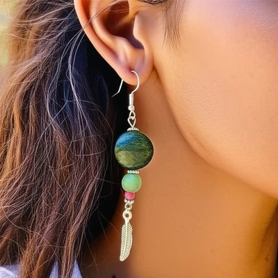 FOREST FEATHER Earrings Dangle Green Serpentine Disk Pink Agate Boho Feather - Image 1 of 3