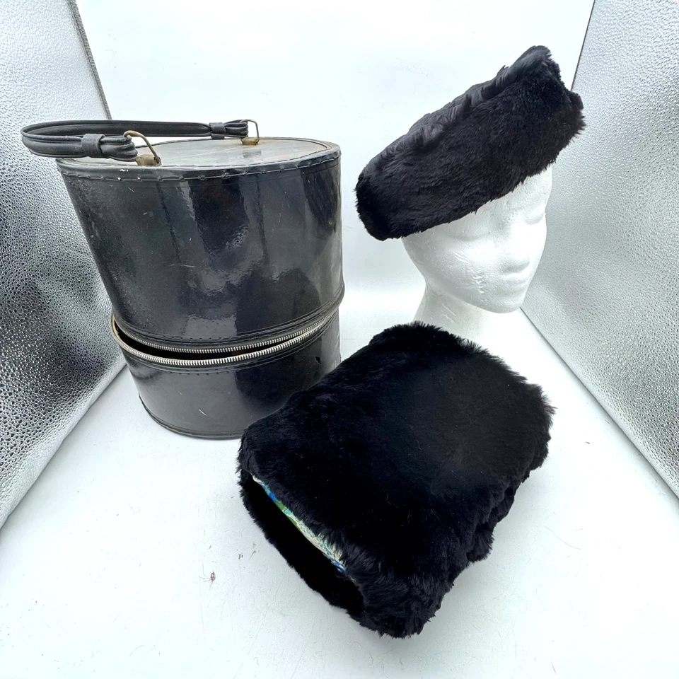 1950s Mink/Rabbit Black Fur Hat & Muff Set Floral Lined Hat Box Mid Century Vtg - Image 1 of 4