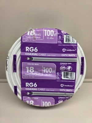 (1) Bobina de cable coaxial Southwire RG6-Dual Shield 100' 18 AWG NUEVO, sellado, blanco Foto 1 de 4