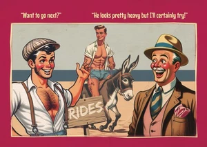 Gay postcard inspired by vintage British saucy seaside humour: Donkey Ride - Picture 1 of 2