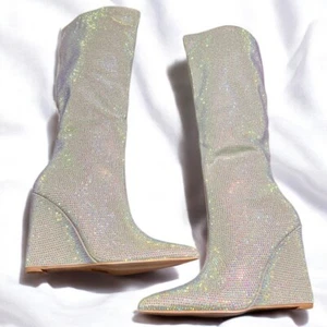 Size 7……..PUBLIC DESIRE…..Sexy Cream Rhinestone Wedge Heeled Boots. New - Picture 1 of 7