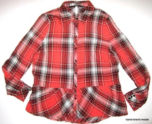 KENSIE Coral Plaid PEPLUM Shirt Juniors XL Button Down Long Sleeve Cute - Picture 1 of 2