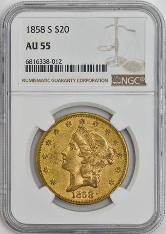 1858-S $20 Gold Liberty AU55 NGC 946833-52 Cover