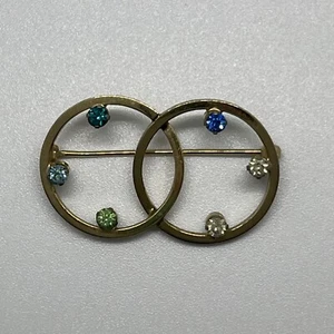 Double Circle Brooch Pin Gold tone Rhinestones Unsigned - Picture 1 of 14