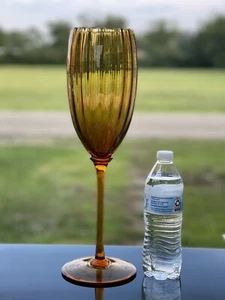 Vintage Empoli Amber Italian Tall Art Glass Optic LONG Stem Compote Vase Snifter - Picture 1 of 8
