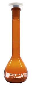 Eisco Labs 50ml Amber Volumetric Flask with 12/21 Polypropylene Stopper, Class A - Picture 1 of 1
