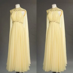 Yellow Chiffon Wedding Dress with Cape Beading Off Shoulder Beach Bridal Gowns - Picture 1 of 11