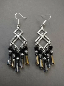 Earrings Handmade Chandelier Iridescent Gray & Bronze & Black Crystal Drop - Picture 1 of 1