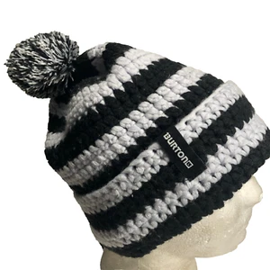 BURTON Black &Grey Striped WINTER KNIT HAT BEANIE W/ POM ADULT OSFA UNIQUE EUC - Picture 1 of 5