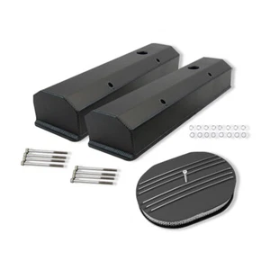 For 58-86 SBC Chevy Fabricated Tall Valve Covers & 12" Oval Air Cleaner Black - Picture 1 of 11
