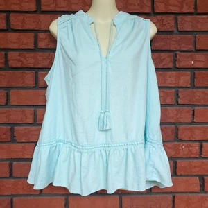 Crown & Ivy Sleeveless Blouse Size 1X Aqua Blue Linen Blend Tassel Top Beach - Picture 1 of 7