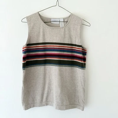 Liz Claiborne Womens 90s Sleeveless Knit Sweater Top Size S Beige Stripe Preppy - Image 1 of 4