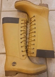 Timberland 14" Tall Rubber Rain, Mud, Boots Womens Tan Yellow Lace Up SZ 5 - Picture 1 of 7