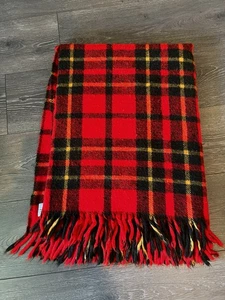 Vintage Faribo Red Plaid Wool Stadium Black 60x46 Lap Cover Lodge Holiday Decor - Picture 1 of 4