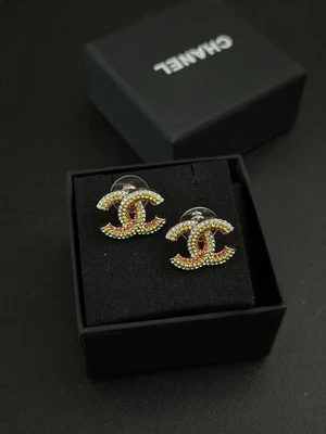 Chanel Multicolor Crystal CC Stud Earrings - Image 1 of 4