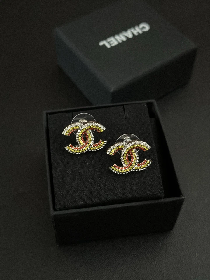 Chanel Multicolor Crystal CC Stud Earrings - Image 1 of 4